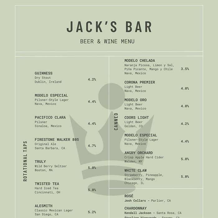 Jack's Bar Beer & Wine Menu